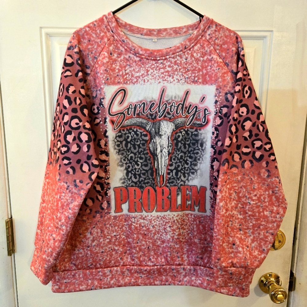 Pink Leopard Print Women's Sweater Crewneck Western Somebody's Problem Size XL